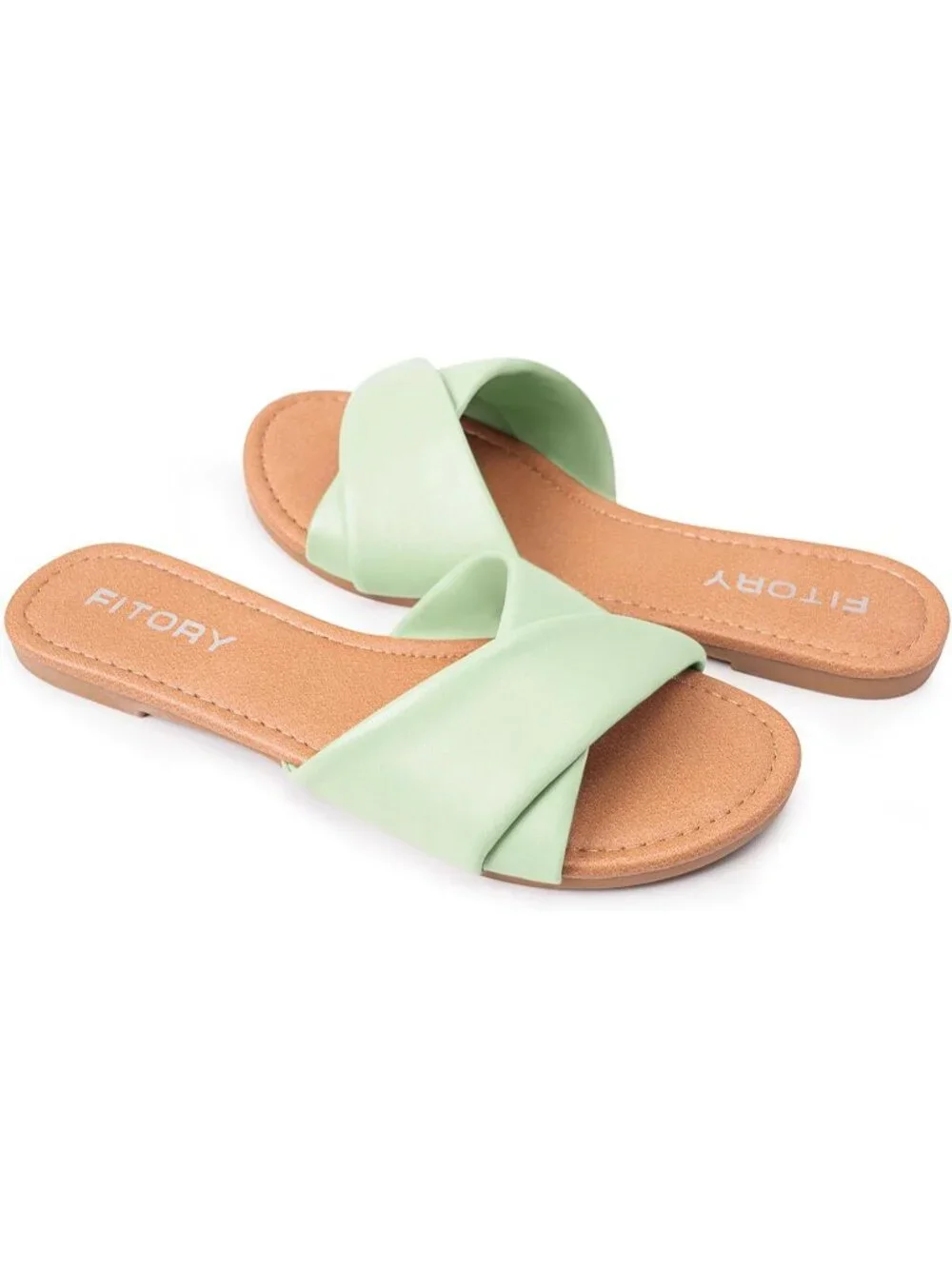 Women Light Green Flat Sandals Fashion Slides With Soft Leather Slippers Casual